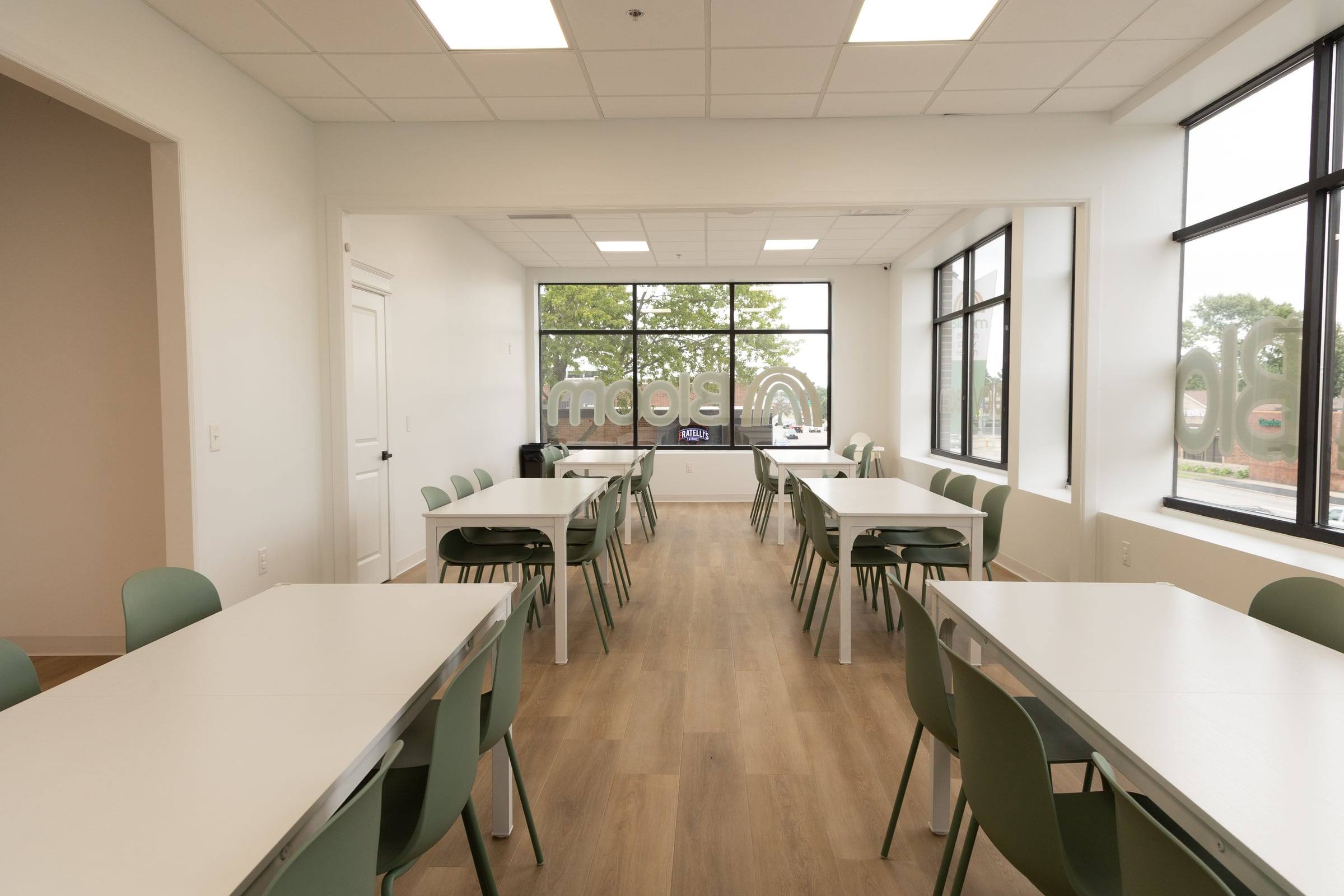 The party room set with long tables and chairs